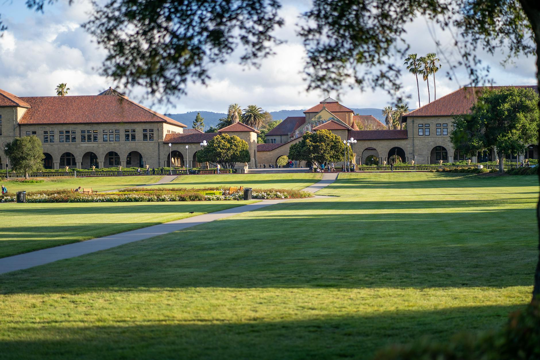 Stanford University campus buildings and lush gardens